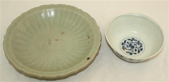 A Chinese Longquan celadon dish and a Ming dynasty lotus bowl, 15th / 16th century, diam. 15cm